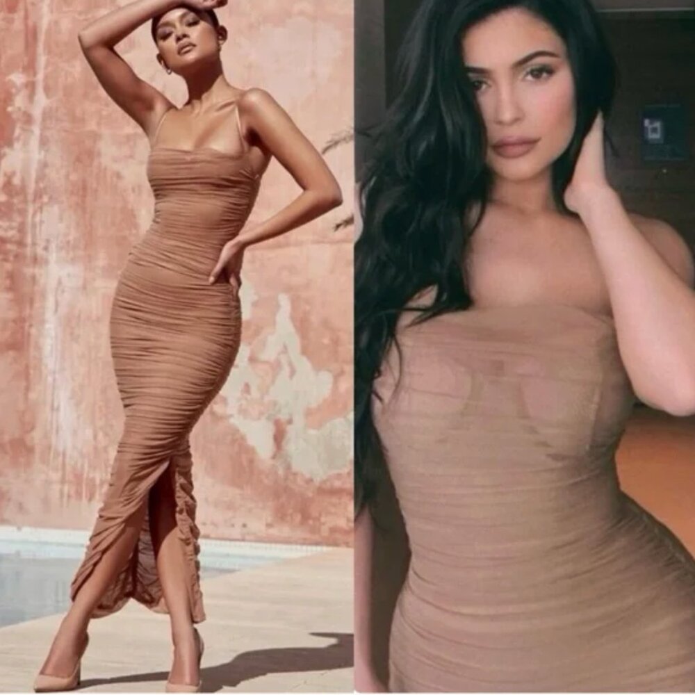 HOUSE OF CB Fornarina Mesh Ruched Organza Bustier Maxi Dress Tan Size XS